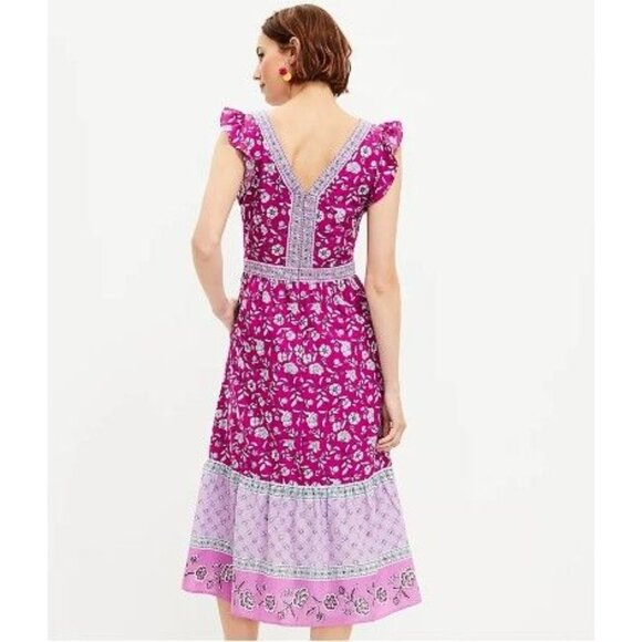 LOFT Women's Border Ruffle Floral V-Neck Sleeveless Midi Dress Size 10 - Picture 5 of 9